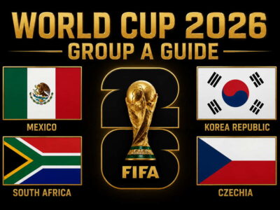 World Cup 2026 Group A guide featuring Mexico, South Africa, Korea Republic and Czechia flags with a central football trophy graphic.