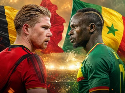 Belgium vs Senegal World Cup 2026 Round of 32 preview graphic featuring Kevin De Bruyne and Sadio Mané with Belgian and Senegalese flags in a dramatic knockout match design.