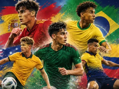 Best young players to watch at World Cup 2026 in a bright football collage with Spain, Brazil, Australia, Mexico and Ecuador inspired kits