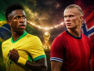 Brazil vs Norway World Cup 2026 Round of 16 preview graphic featuring Vinícius Júnior and Erling Haaland with Brazilian and Norwegian flags in a dramatic knockout match design.