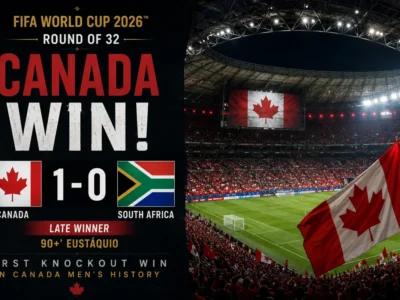 Canada 1-0 South Africa World Cup 2026 Round of 32 graphic showing a packed stadium, Canada flag, final score and late winner theme.