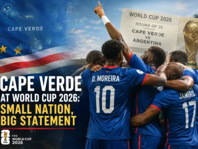 Cape Verde players huddle in blue kits with Cape Verde flag colors and World Cup 2026 knockout graphic in the background.