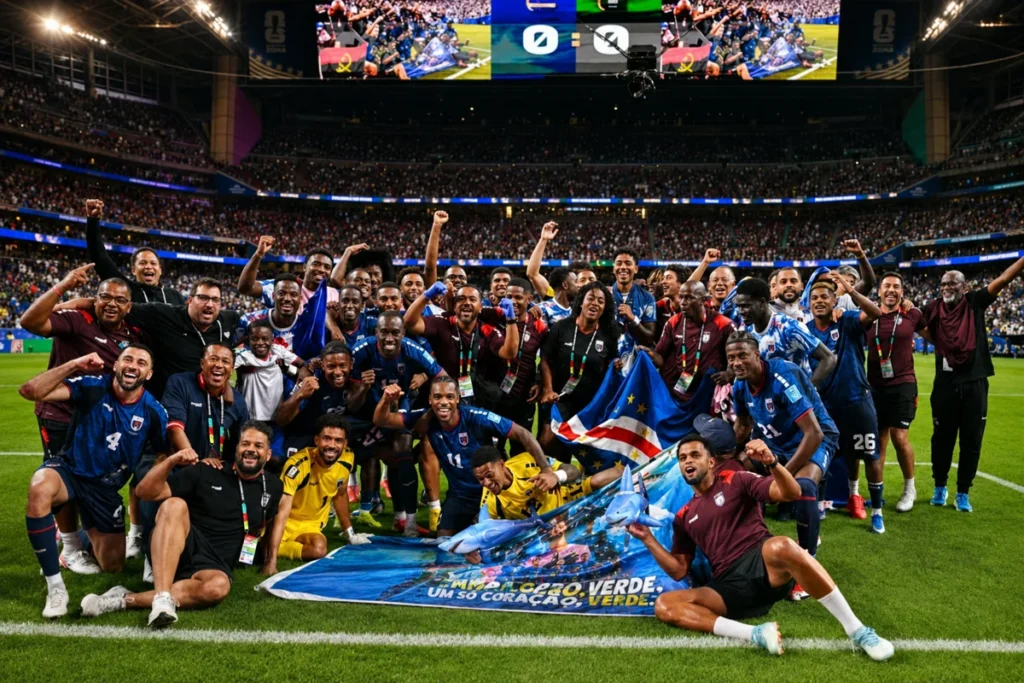 Cape Verde players and staff celebrate on the pitch after reaching the World Cup 2026 knockout stage.