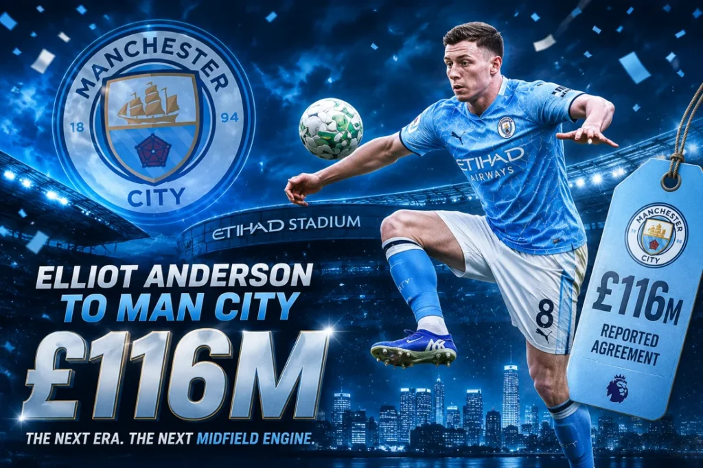 Symbolic transfer graphic for Elliot Anderson to Man City with a £116m reported agreement, stadium lights and sky-blue Manchester City theme
