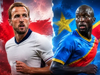 England vs DR Congo World Cup 2026 Round of 32 preview graphic featuring Harry Kane and Yoane Wissa in a dramatic knockout match design.