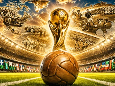 History of the FIFA World Cup shown through a golden football trophy, vintage ball, world map, stadium lights, and global football flags.