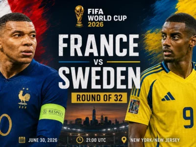 France vs Sweden World Cup 2026 Round of 32 preview graphic featuring Kylian Mbappe and Alexander Isak in a dramatic knockout match design.