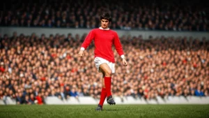 George Best, Manchester United legend and football genius, on the pitch in front of a packed stadium crowd