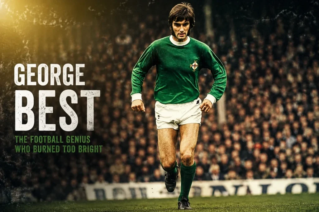 George Best in a green Northern Ireland kit with vintage football poster design