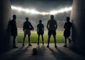 Photorealistic symbolic image of legendary footballers standing in a dark tunnel and looking toward a bright World Cup stadium, representing great players who never reached the tournament stage.