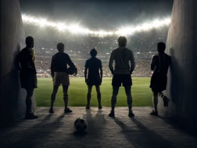 Photorealistic symbolic image of legendary footballers standing in a dark tunnel and looking toward a bright World Cup stadium, representing great players who never reached the tournament stage.