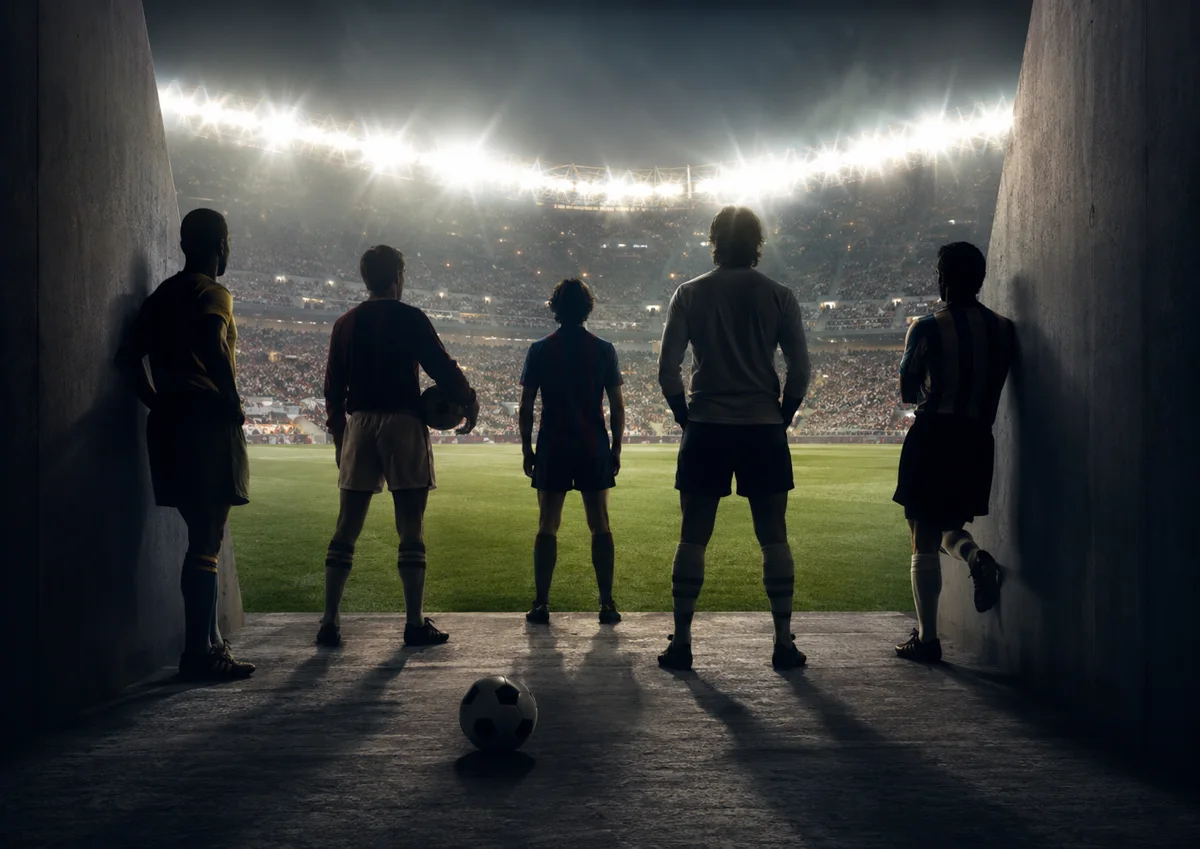 Photorealistic symbolic image of legendary footballers standing in a dark tunnel and looking toward a bright World Cup stadium, representing great players who never reached the tournament stage.