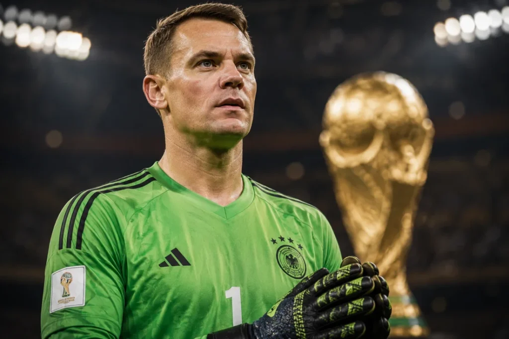 Manuel Neuer World Cup 2026 veteran goalkeeper image with a golden trophy silhouette in the background.