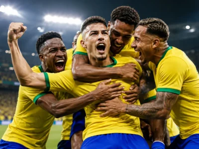Gabriel Martinelli celebrates Brazil’s late winner against Japan as Brazil teammates embrace him in a dramatic World Cup 2026 moment.