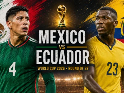 Mexico vs Ecuador World Cup 2026 Round of 32 preview graphic featuring Edson Álvarez and Moisés Caicedo in a dramatic knockout match design.