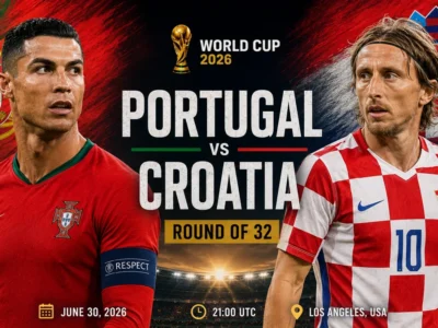 Portugal vs Croatia World Cup 2026 Round of 32 preview graphic featuring Cristiano Ronaldo and Luka Modrić in a dramatic knockout match design.