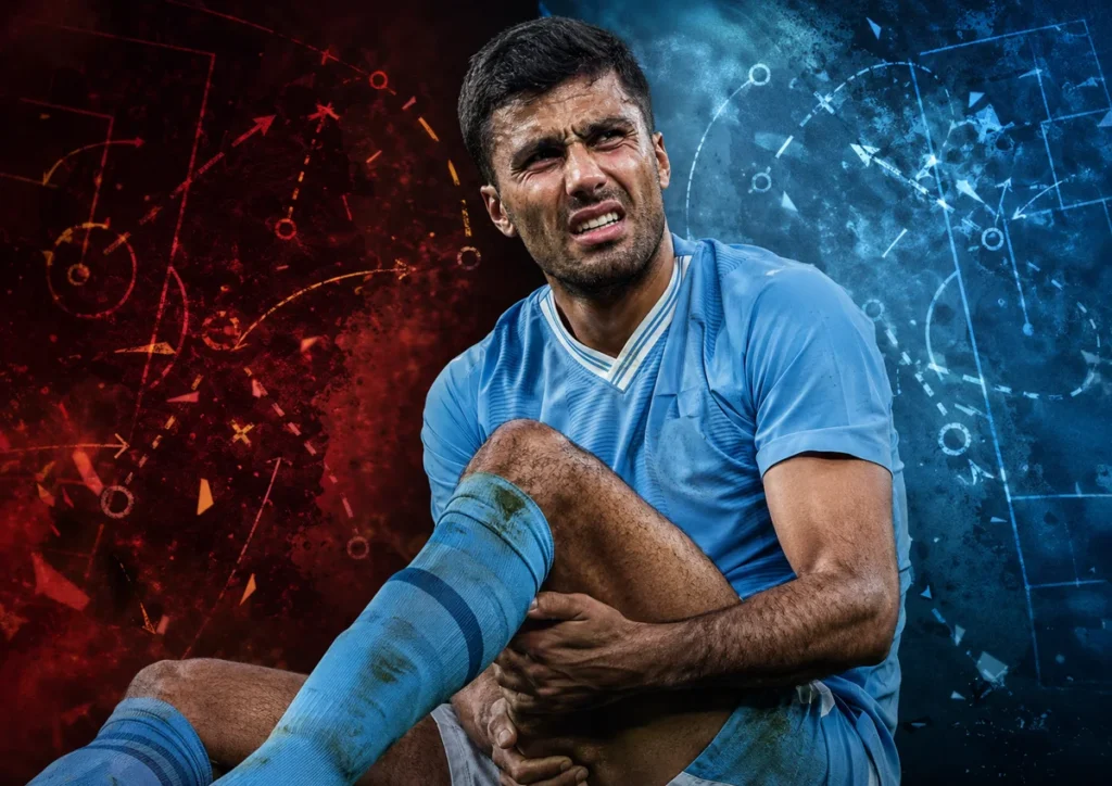Rodri grimacing in pain in a sky-blue football kit, with broken Spain and Manchester City tactical graphics behind him.
