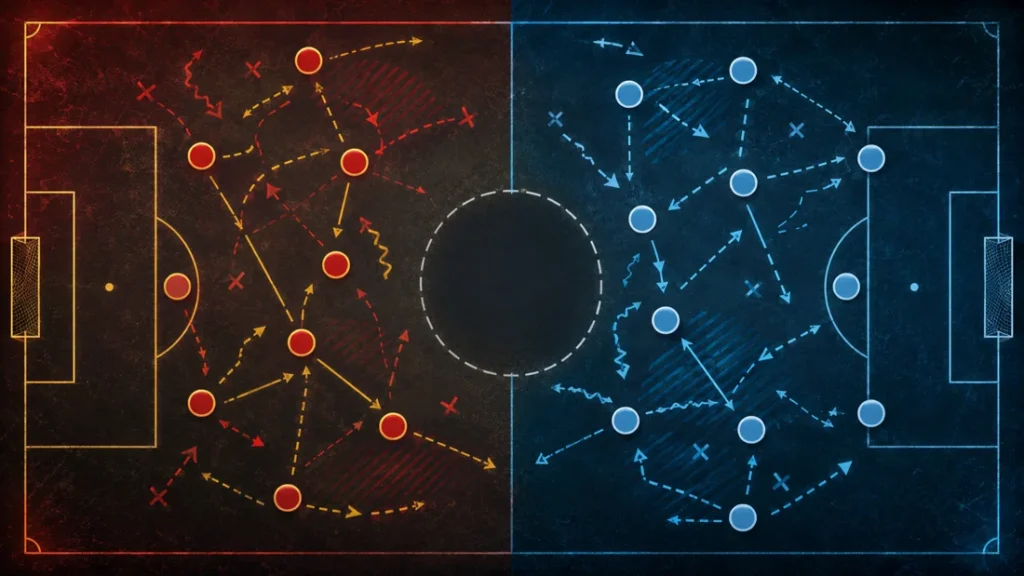Split Spain and Manchester City tactical board with broken arrows, scattered formations and an empty midfield zone showing Rodri’s absence.