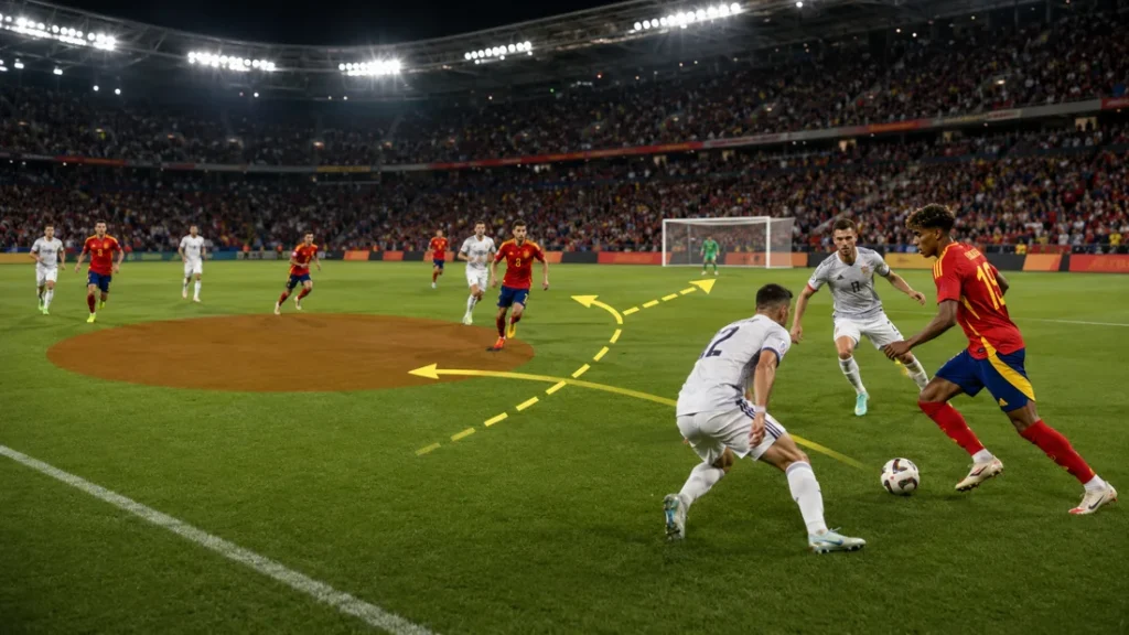 Spain right-side attack showing Lamine Yamal-style winger attracting two defenders and opening space for teammates.