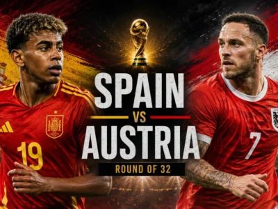 Spain vs Austria World Cup 2026 Round of 32 preview graphic featuring Lamine Yamal and Marko Arnautović in a dramatic knockout match design.