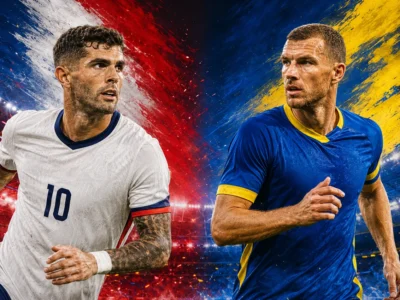 United States vs Bosnia and Herzegovina World Cup 2026 Round of 32 preview graphic featuring Christian Pulisic and Edin Džeko in a dramatic knockout match design.