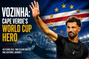 Vozinha waving in front of a Cape Verde flag as the 40-year-old goalkeeper becomes a World Cup hero