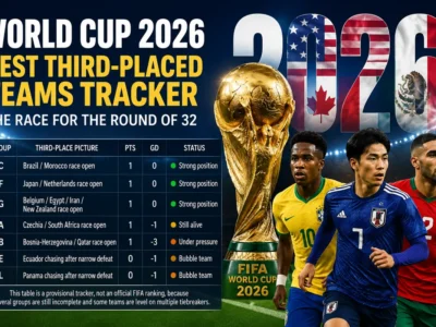 World Cup 2026 Best Third-Placed Teams Tracker featured image showing a dramatic stadium infographic with provisional third-place standings, a gold trophy-style centerpiece and players representing the race for the Round of 32.