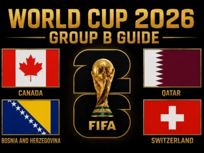 World Cup 2026 Group B Guide featured image with Canada, Bosnia and Herzegovina, Qatar and Switzerland flags around the FIFA World Cup trophy.