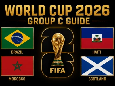 World Cup 2026 Group C Guide featured image with Brazil, Morocco, Haiti and Scotland flags around the FIFA World Cup trophy