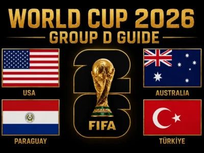 World Cup 2026 Group D Guide featured image with USA, Paraguay, Australia and Türkiye flags around the FIFA World Cup trophy.