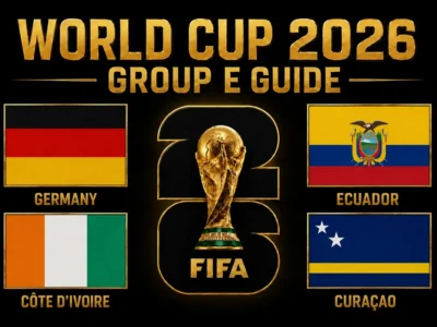 World Cup 2026 Group E Guide featured image with Germany, Côte d’Ivoire, Ecuador and Curaçao flags around the FIFA World Cup trophy.