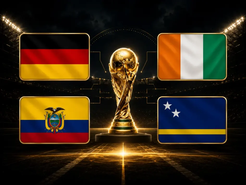 World Cup 2026 Group E graphic with the FIFA World Cup trophy in the center and the flags of Germany, Côte d’Ivoire, Ecuador and Curaçao in a stadium setting.