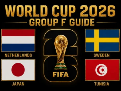 World Cup 2026 Group F Guide featured image with Netherlands, Japan, Sweden and Tunisia flags around the FIFA World Cup trophy.