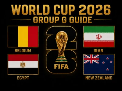 World Cup 2026 Group G Guide featured image with Belgium, Egypt, IR Iran and New Zealand flags around the FIFA World Cup trophy.