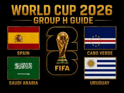 World Cup 2026 Group H Guide featured image with Spain, Cabo Verde, Saudi Arabia and Uruguay flags around a gold World Cup trophy.