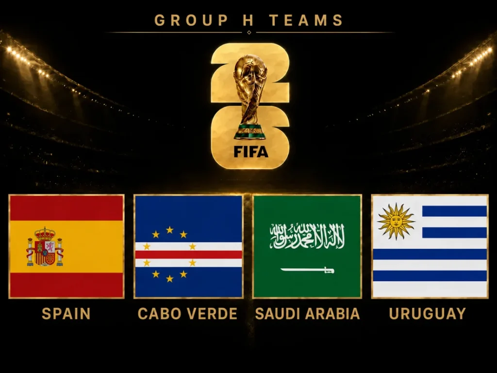 World Cup 2026 Group H teams graphic with Spain, Cabo Verde, Saudi Arabia and Uruguay flags under a gold tournament logo in a stadium.