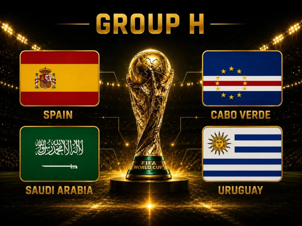World Cup 2026 Group H graphic with the World Cup trophy in the center and the flags of Spain, Cabo Verde, Saudi Arabia and Uruguay in a stadium.