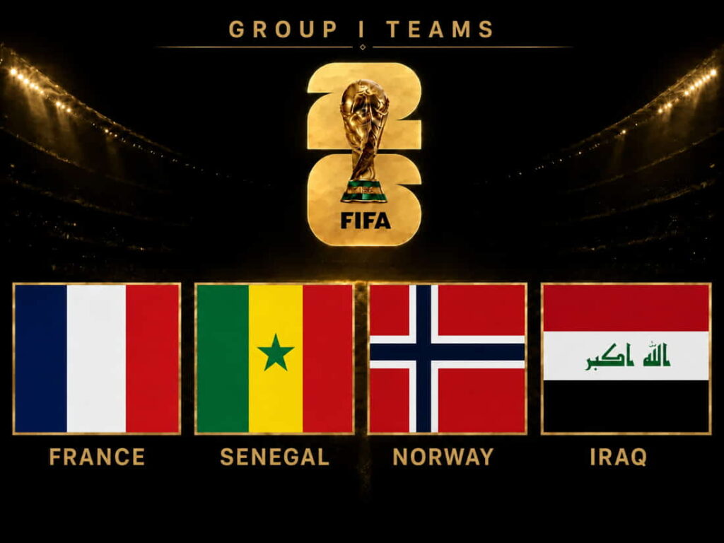 World Cup 2026 Group I teams graphic with France, Senegal, Norway and Iraq flags under a gold tournament logo in a stadium.