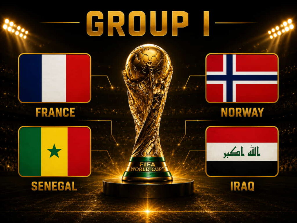 World Cup 2026 Group I graphic with the World Cup trophy in the center and the flags of France, Senegal, Norway and Iraq in a stadium.