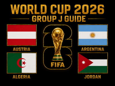 World Cup 2026 Group J guide graphic featuring Austria, Algeria, Argentina and Jordan flags with a gold trophy on a black background.