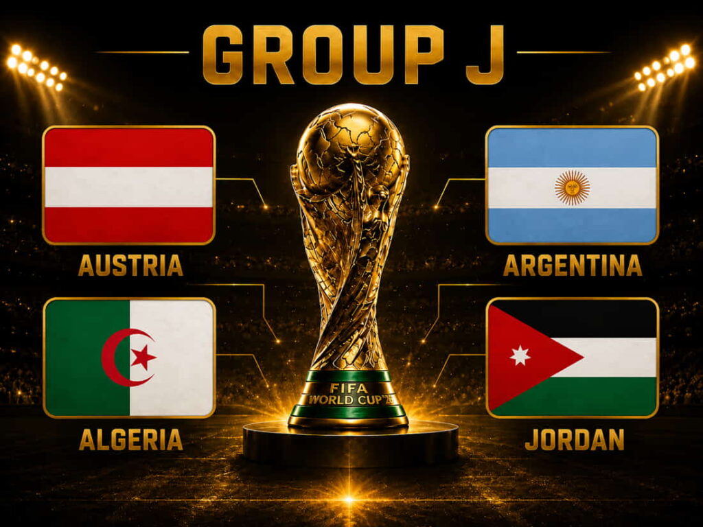 World Cup 2026 Group J graphic with Austria, Algeria, Argentina and Jordan flags around a central gold trophy.