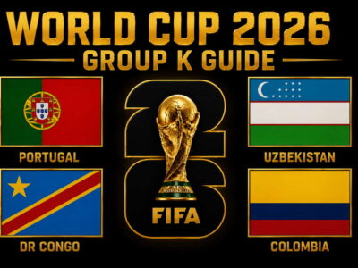 World Cup 2026 Group K guide graphic featuring Portugal, DR Congo, Uzbekistan and Colombia flags around a gold trophy design on a black background.