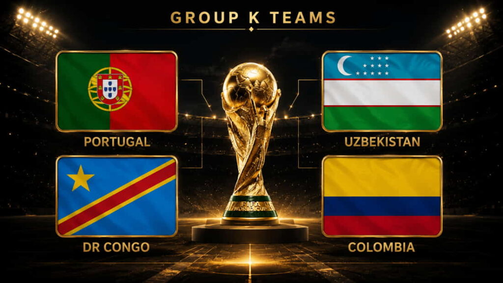 World Cup 2026 Group K graphic showing Portugal, DR Congo, Uzbekistan and Colombia flags around a gold trophy in a dark stadium.