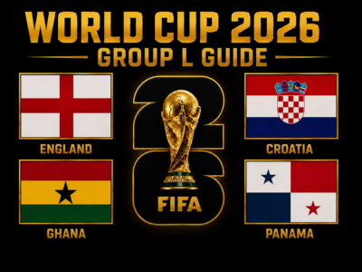 World Cup 2026 Group L guide graphic featuring England, Croatia, Ghana and Panama flags around a gold trophy design on a black background.