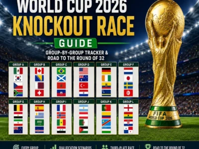 World Cup 2026 Knockout Race Guide graphic showing group-by-group qualification panels, national flags, stadium lights and a gold trophy-style design for the road to the Round of 32.