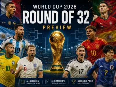 World Cup 2026 Round of 32 preview graphic with tournament bracket, trophy, national-team players and knockout stage atmosphere.