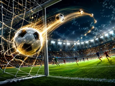 Symbolic World Cup 2026 football image showing multiple balls flying into a stadium goal, representing a tournament full of scoring chances and goals.