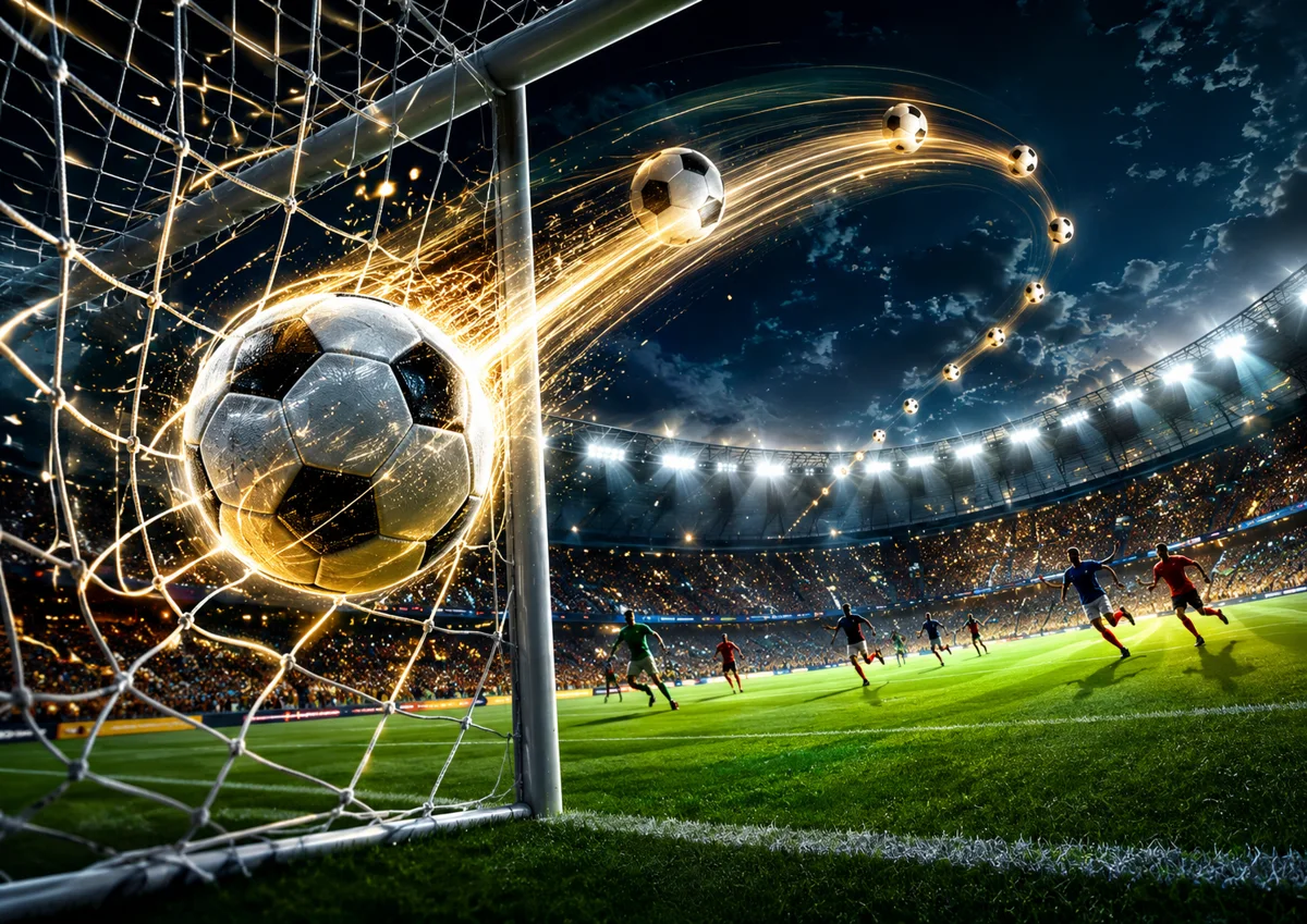 Symbolic World Cup 2026 football image showing multiple balls flying into a stadium goal, representing a tournament full of scoring chances and goals.