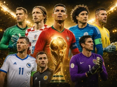 World Cup 2026 Veterans Over 40 featured image showing Cristiano Ronaldo, Luka Modrić, Manuel Neuer, Guillermo Ochoa, Edin Džeko and other veteran players around a golden World Cup trophy.
