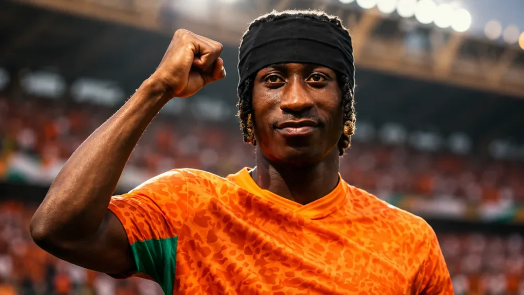 Yan Diomandé celebrates in Ivory Coast colors during a confident football portrait